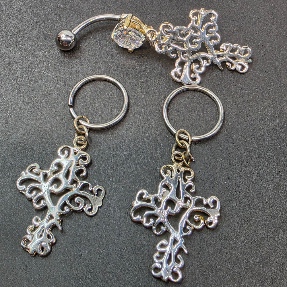 Morbid Metals Body Jewelry Set 14G Silver Gothic Filigree Cross CZ‎